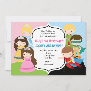 Princesse Superhero Invitation Anniversaire Jumeau
