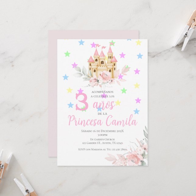 Princesse Troisième anniversaire Invitation à Son  (Devant/Arrière en situation)