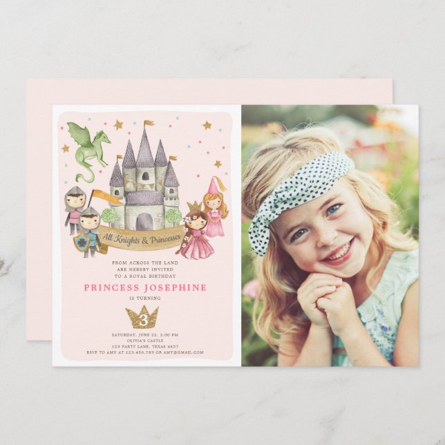 Princesses et Chevaliers Fille Invitation d'annive (Devant / Derrière)