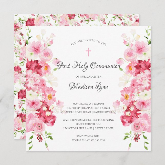 Printemps fleurit Floral Communion Invitation (Devant / Derrière)