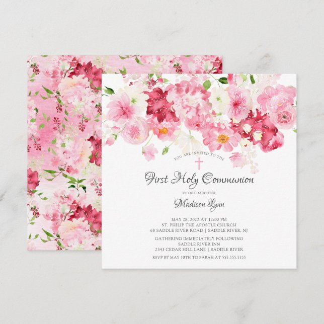 Printemps fleurit Floral Communion Invitation (Devant / Derrière)