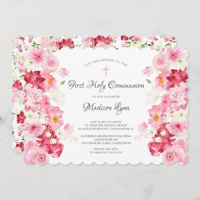 Printemps fleurit Floral Communion Invitation (Devant / Derrière)