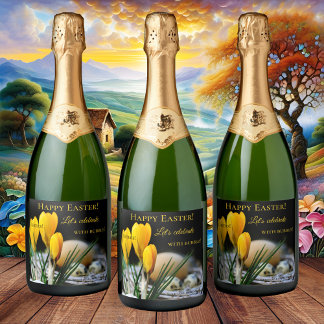 Printemps Pâques Crocus bulles Étiquette de vin ét