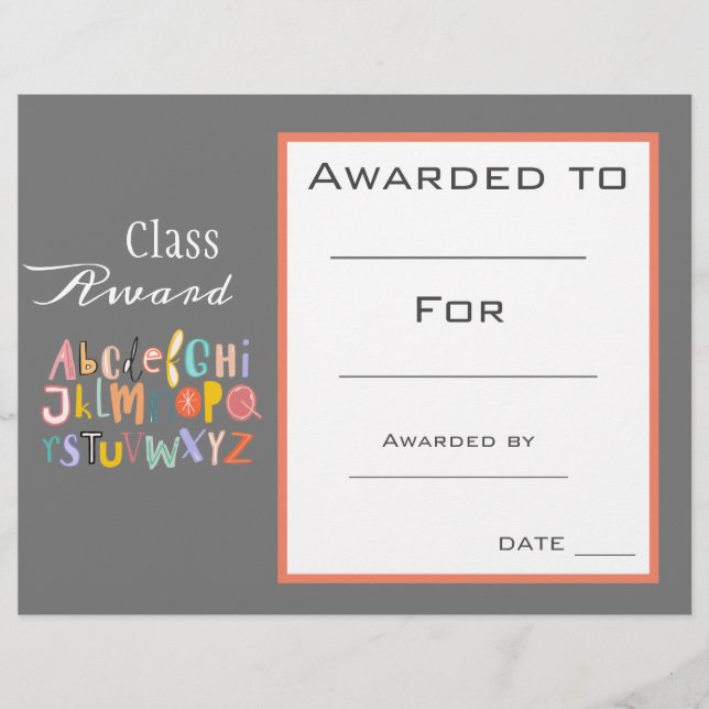 Prix de classe certificat de l'alphabet de lecture (Devant)