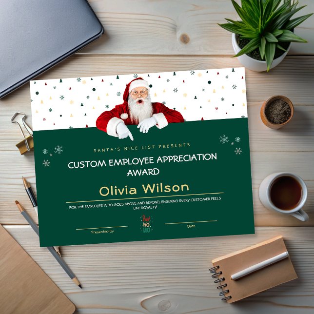 Prix de Noël Père Noël verte customisée Employé (Customized Green Santa Christmas Awards Employee)