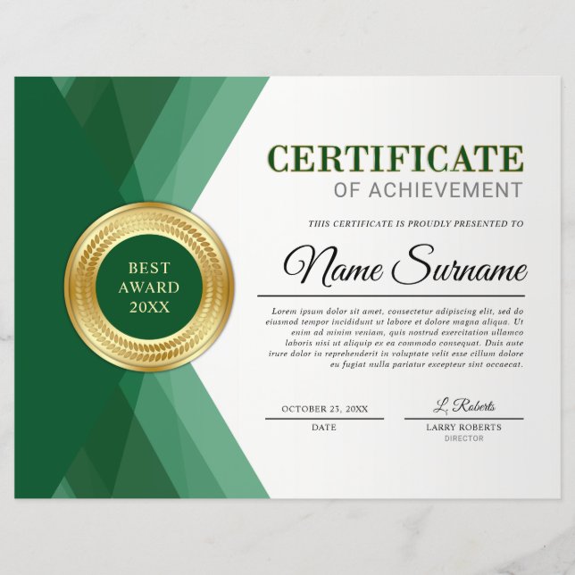 Prix du certificat d'excellence Green & Gold (Devant)