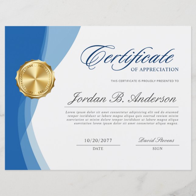 Prix du certificat professionnel Soft Blue Wave (Devant)