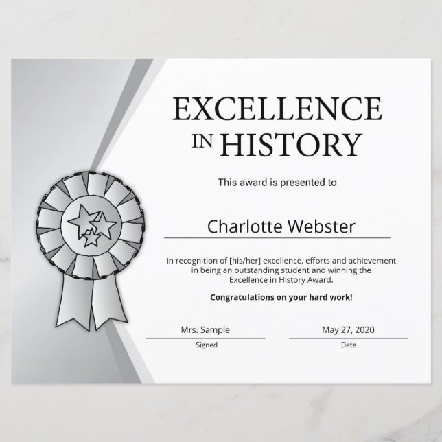 Prix Silver Excellence en Histoire (Devant)