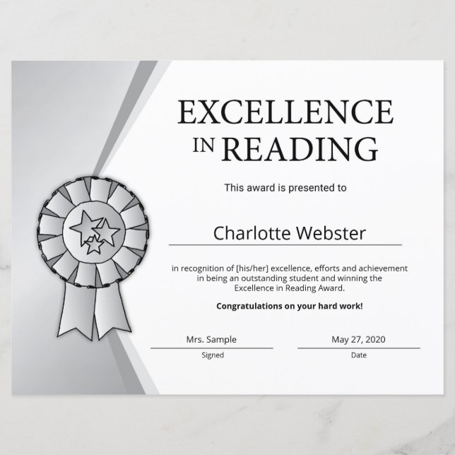 Prix Silver Excellence en lecture (Devant)