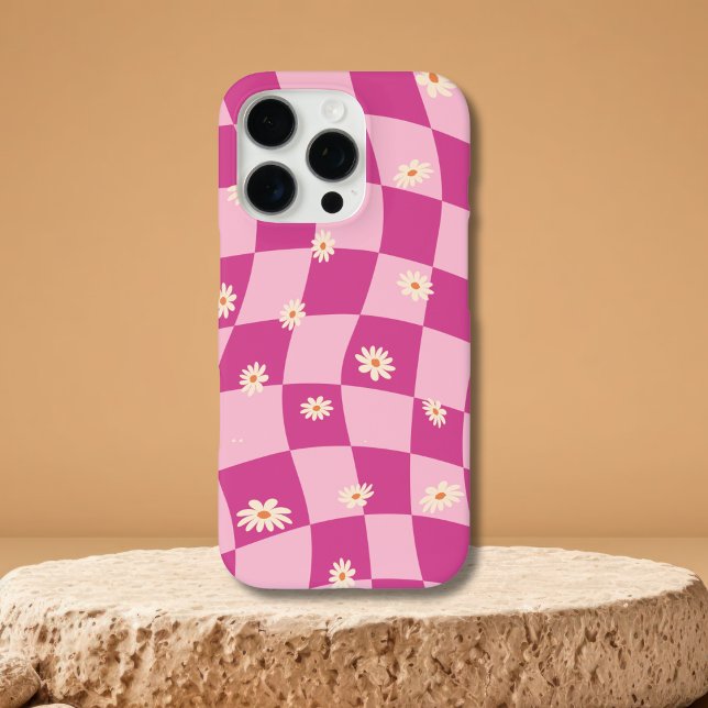 Pro Max Pink Wavy Checkerboard Daisy iPhone 15 16 coque (Créateur téléchargé)