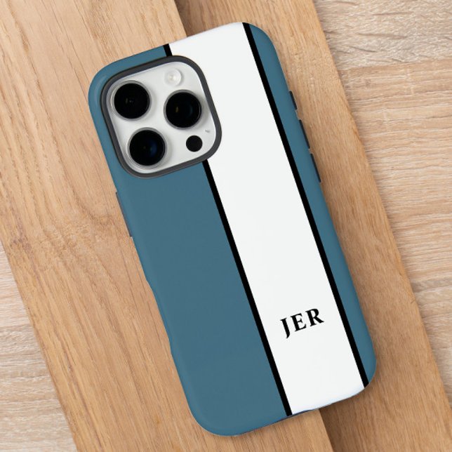 Pro Monogramme moderne | Coque Blue Stripe iPhone 16 (Modern Minimalist Stripes Monogram Initials Blue Case-Mate iPhone Case)