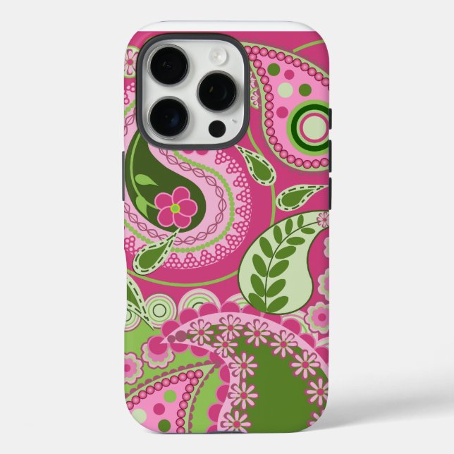 Pro Rose et vert Paisley iPhone 16 coque (Verso)