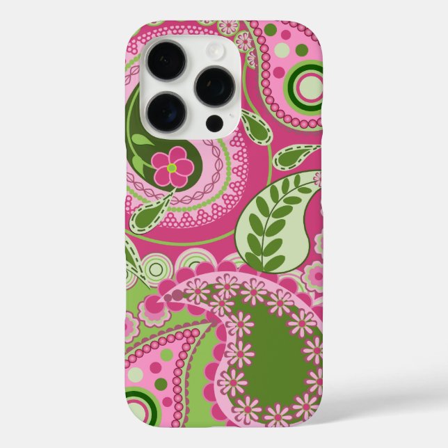 Pro Rose et vert Paisley iPhone 16 coque (Verso)