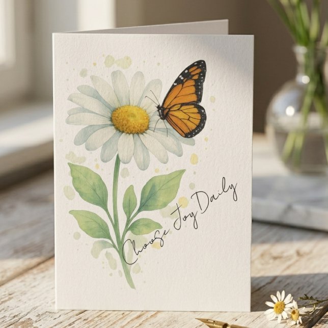 Professeur Merci Papillon Monarque Botanique (Monarch butterfly and daisy "Choose Joy" card for a teacher — sweet graduation gift idea for her)