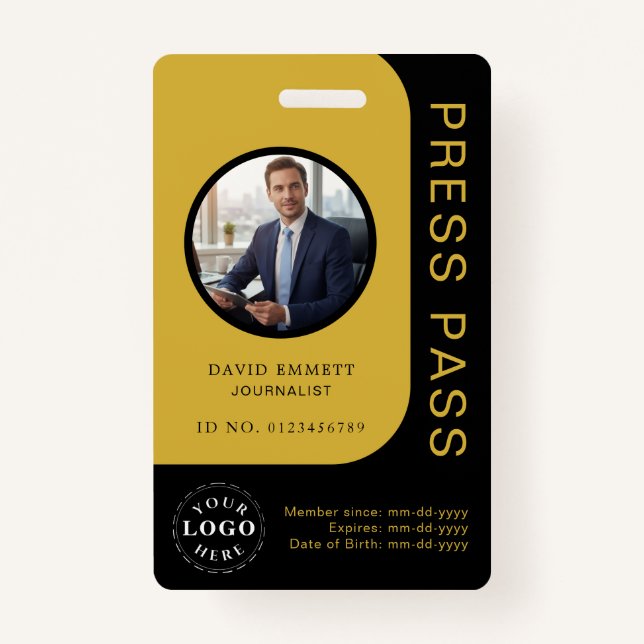 Professional Black Gold Media Press Pass ID Badge (Devant)