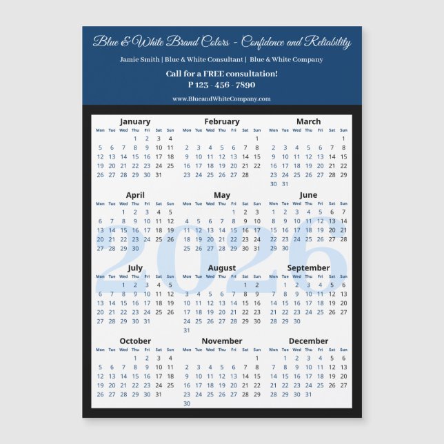 Professional Blue White Black 2026 Calendar Magnet (Devant)