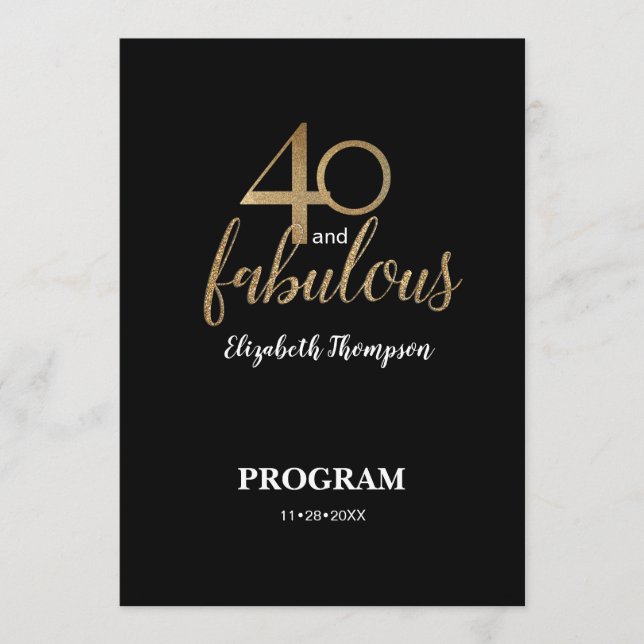 Programme 40 and fabulous 40th Birthday Gold Glitter Black (Devant)