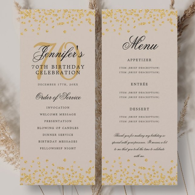 Programme 70e Anniversaire Menu Merci U Gold Champ (70th Birthday Program Menu Thank U Gold Champagne)