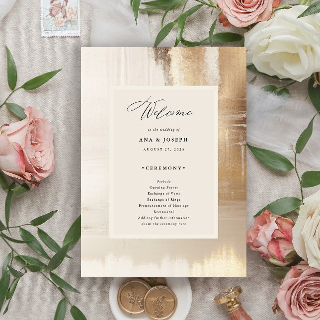 Programme Abstrait d'or | Mariage élégant (An elegant, modern wedding program with a gold abstract border and a neutral beige center)