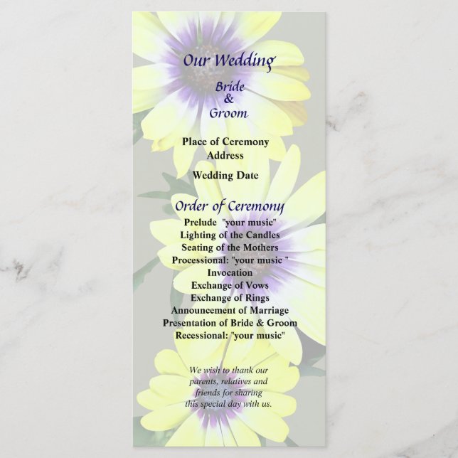 Programme African Daisies Lemon Symphony Wedding Program (Devant)