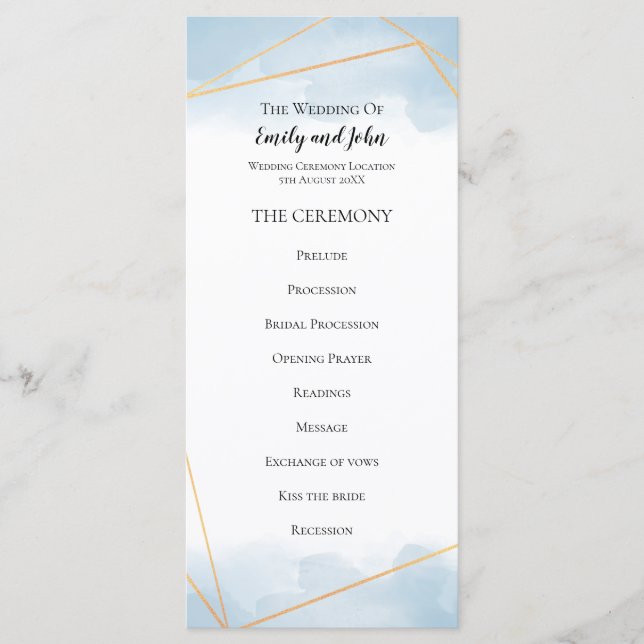 Programme Aquarelle bleu clair or Ligne géométrique Mariage (Devant)