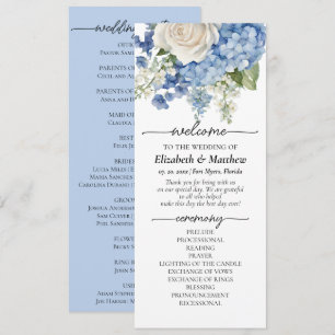 Programme Aquarelle bleu Hydrangea Roses blanches Mariage