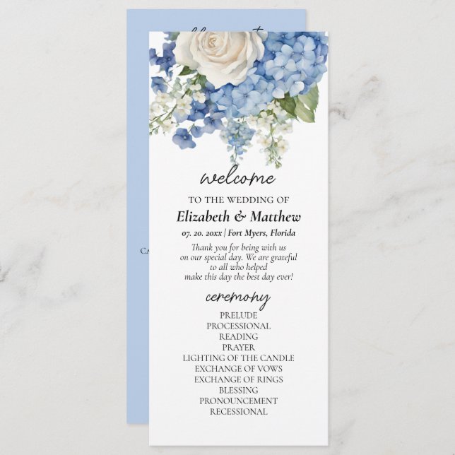 Programme Aquarelle bleu Hydrangea Roses blanches Mariage (Devant / Derrière)