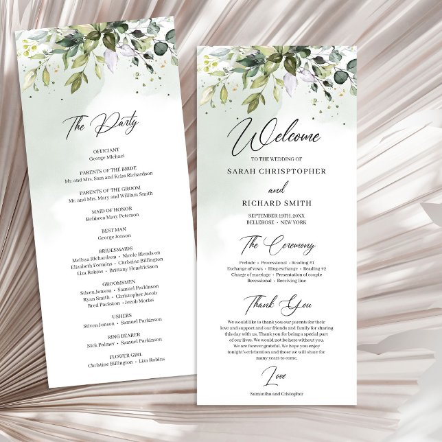 Programme Aquarelle mariage de feuillage vert (Watercolor Greenery foliage boho wedding Program)