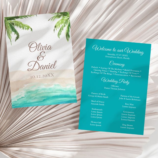 Programme Aquarelle mariage plage tropicale et palmiers (Tropical Beach and Palm Trees Wedding Program on a sunny white dry palm leaf.)