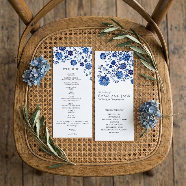 Programme Aquarelle Ordre de Cérémonie de Mariage Floral Ble (Watercolor Blue Floral Wedding Order of Ceremony Program)