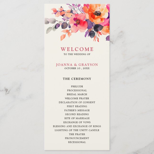 Programme Aquarelle rose brillant rose orange Mariage floral (Devant)