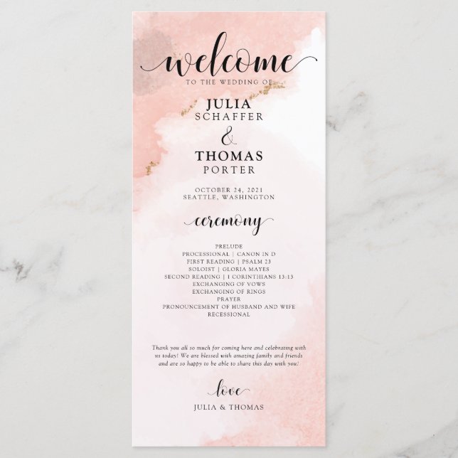 Programme Aquarelle rose et Mariage d'or Ordre de cérémonie (Devant)