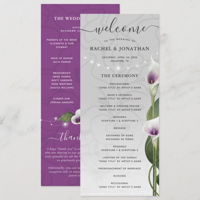 Programme Aquarelle violette blanche Calla Lily Flowers Mari (Devant / Derrière)