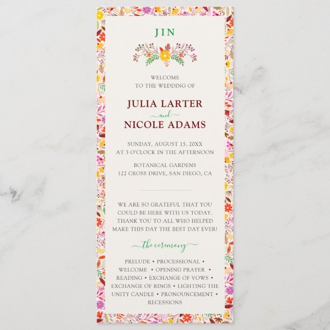 Programme Aquarelles vives Fleurs de tulipe d'été Mariage (Devant)