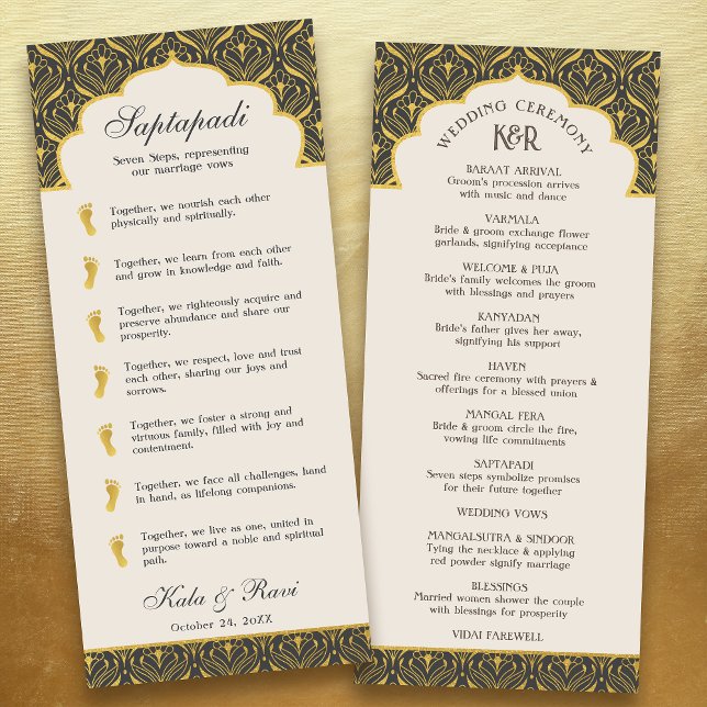 Programme Art Déco Floral Lotus Indien & Mariage hindou (charcoal gray black art deco indian hindu wedding program card with saptapadi seven steps vows)