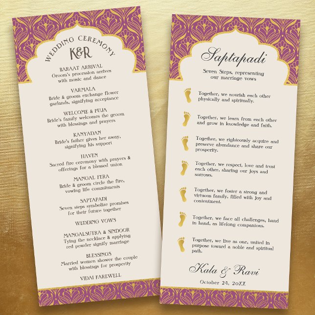 Programme Art Déco Floral Lotus Indien & Mariage hindou (Plum purple art deco indian hindu wedding program card with saptapadi seven steps vows, gold leaf)
