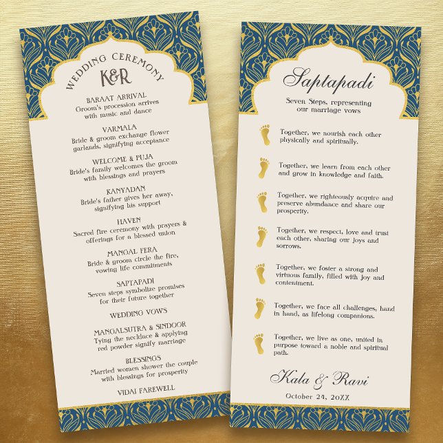 Programme Art Déco Floral Lotus Indien & Mariage hindou (Navy blue art deco indian hindu wedding program card with saptapadi seven steps vows, gold foil leaf)