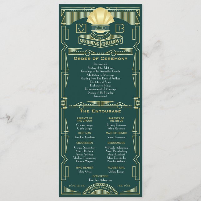 Programme Art Déco Gold Green Ordre de cérémonie Entourage (Devant)