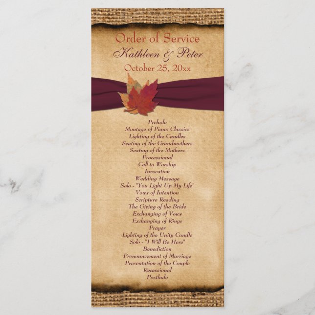 Programme Autumn Leaves FAUX Burlap Wedding Program - Vin (Devant)