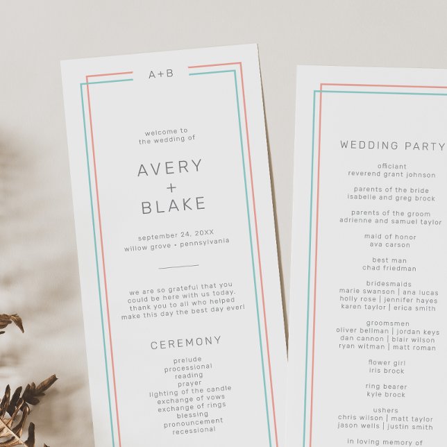 Programme AVERA Corail moderne et Mariage frontalier Turquoi (AVERY Modern Coral and Teal Border Wedding Program)