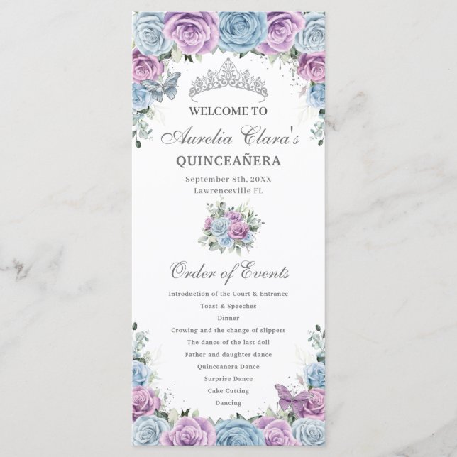 Programme Baby Blue Purple Floral Quinceañera Order Events (Devant)