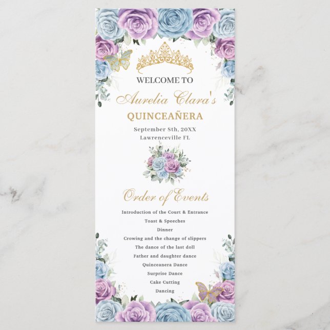 Programme Baby Blue Purple Floral Quinceañera Order Events (Devant)
