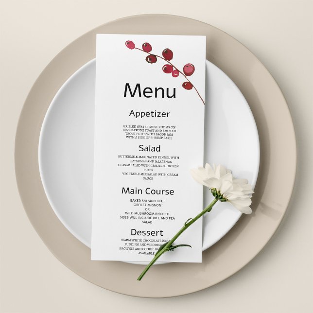 Programme Baies d'aquarelle bourguignonne Mariage floral Men (Burgundy watercolor berries floral Wedding Menu)