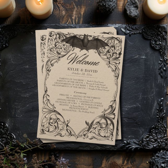 Programme Batte victorienne jusqu'à la mort Mariage noir et  (Victorian Bat Until Death Black & Tan Wedding Program)