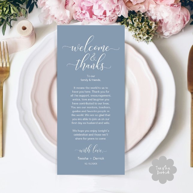 Programme Bienvenue et merci Mariage Place Setting Card (Modern Wedding Dinner Brunch Lunch Table Place Setting Thank You Card in Aesthetic Dusty Blue)