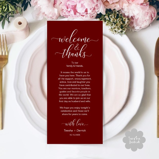 Programme Bienvenue et merci Mariage Place Setting Card (Modern Wedding Dinner Brunch Lunch Table Place Setting Thank You Card in Classy Burgundy Red)