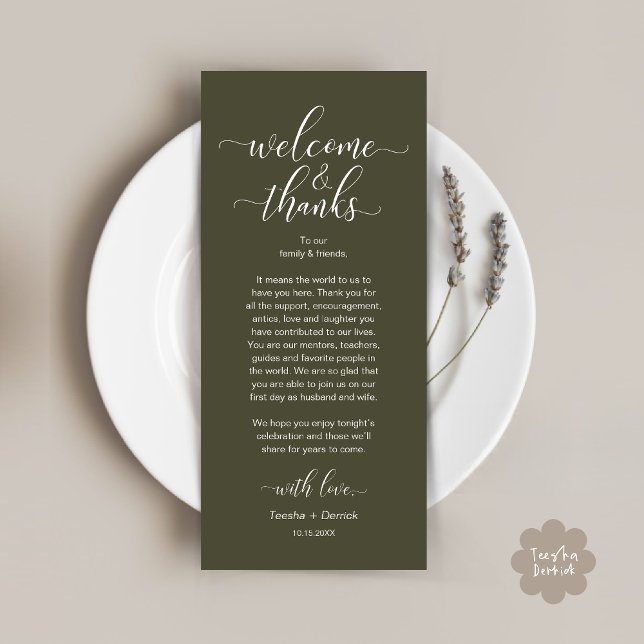 Programme Bienvenue et merci Mariage Place Setting Card (Modern Wedding Dinner Brunch Lunch Table Place Setting Thank You Card in Rustic Olive Green Greenery)