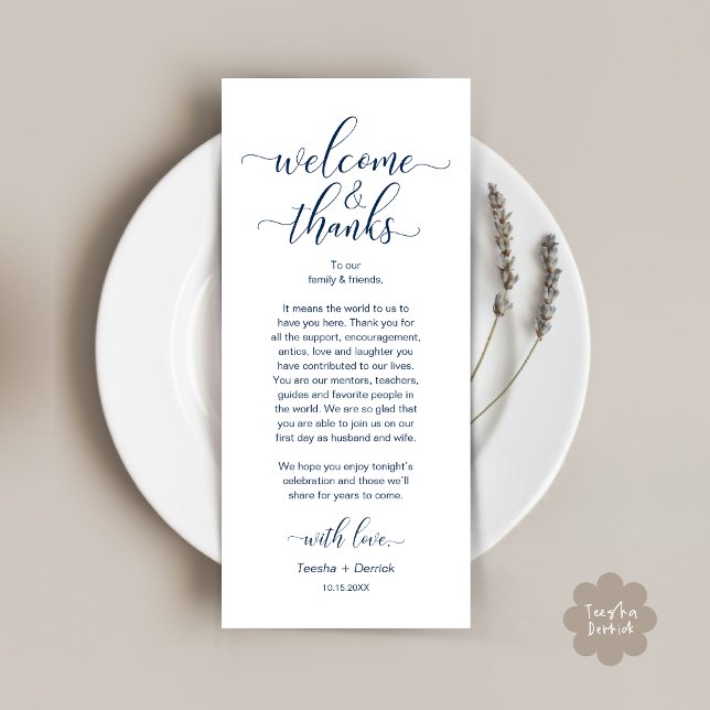 Programme Bienvenue et merci Mariage Place Setting Card (Modern Wedding Dinner Brunch Lunch Table Place Setting Thank You Card in Classy Navy Blue)