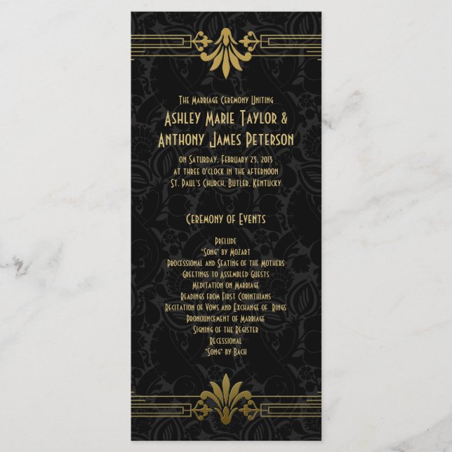 Programme Black Gold Roaring 20s Art Déco Wedding Program (Devant)