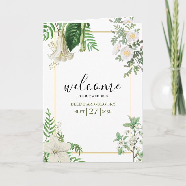Programme Blanc Vert Floral Or Mariage Ordre de service (Devant)